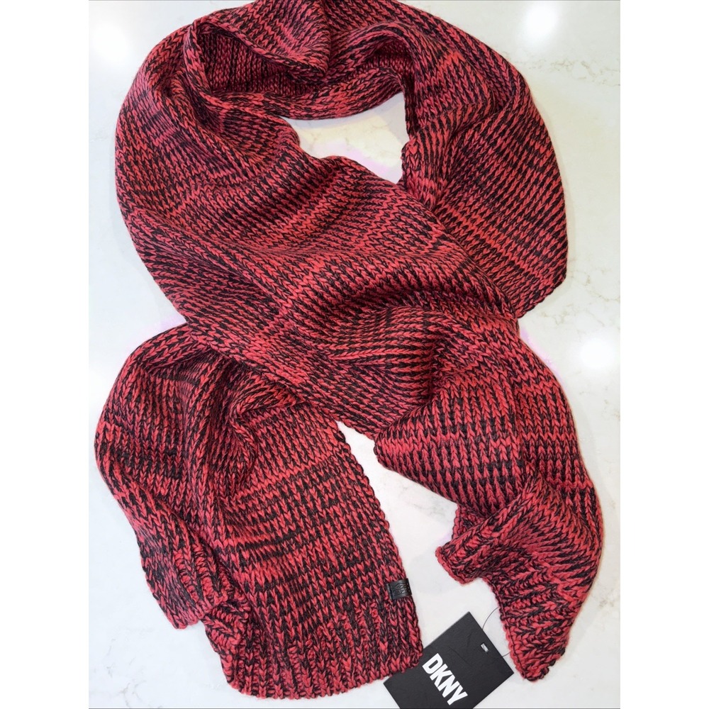 $69 DKNY Open Knit Chunky Red‎ Black Scarf OS  DSK501 48 NWT Winter Warm Cozy